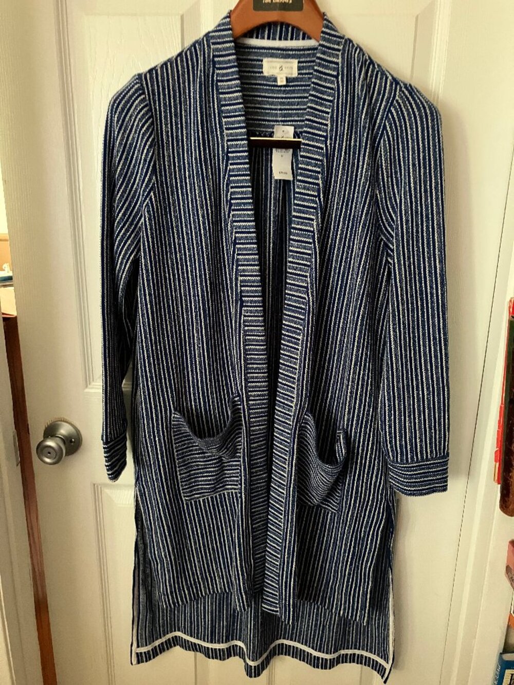 LOU & GREY Open front Cardigan Knit Blue/White striped pattern 2 Pockets Size M